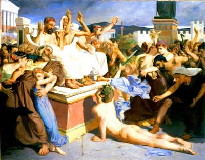 Pintura representando o desfalecido Filípedes ao chegar à cidade grega de Atenas.